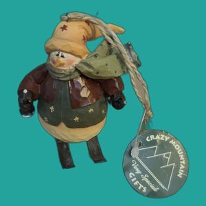 Vintage 2007 Crazy Mountain Skiing Snowman Ornament Pointed Beanie Hat with Bell